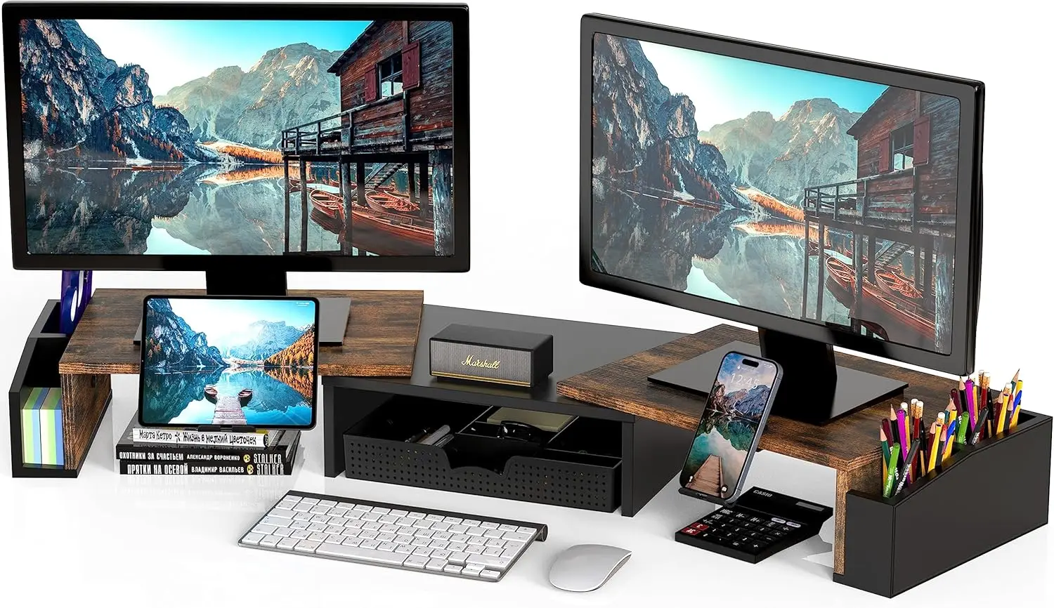 Desk Stand Dual Monitor Rustic - Dual Monitor Stand ulasan dan harga